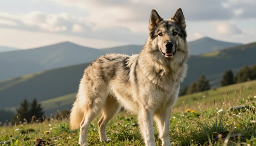 A majestic Caucasian Shepherd dog stands proudly in the foreground, showcasing its impressive muscular build and thick, fluffy coat. The dog's dense fur shines in the sunlight, reflecting shades of cream, gray, and brown. Its strong, dignified face is framed by a mane-like collar of fur, and its piercing eyes convey intelligence and loyalty. In the middle ground, a stunning natural landscape unfolds, with rolling hills and lush green grass, evoking a sense of freedom and wilderness. Soft, warm sunlight filters through scattered clouds, casting gentle light on the scene. The background features distant mountains, adding depth and grandeur. The overall atmosphere is one of strength and serenity, capturing the essence of this magnificent breed and its commanding presence in the wild.