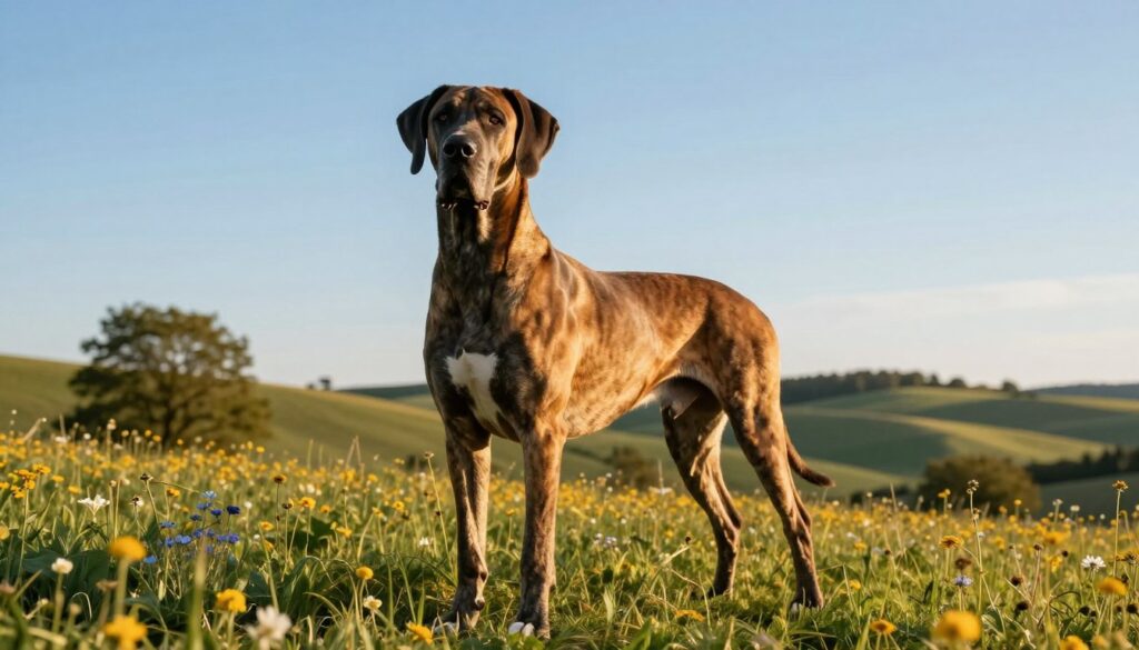 A majestic Great Dane standing proudly on a grassy hill, showcasing its towering stature and muscular build. The dog is bathed in warm, golden sunlight, which emphasizes its sleek coat and noble expression. In the background, rolling hills stretch into the distance, and a few trees sway gently in the breeze under a clear blue sky. The foreground features a vibrant field of wildflowers, adding a splash of color. The scene captures the essence of grandeur and strength, evoking a sense of awe at the size and presence of this remarkable breed. The composition uses a wide-angle perspective to highlight both the Great Dane and its expansive surroundings, creating an atmosphere of majesty and admiration.