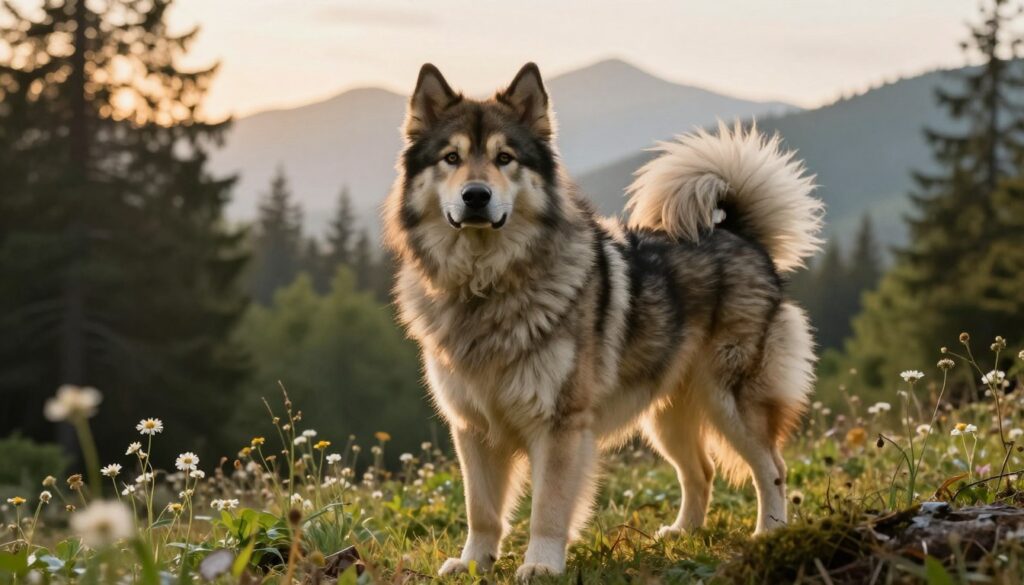 A majestic Karelski pies na niedźwiedzie stands proudly in a serene forest clearing, showcasing its impressive, powerful build and thick, fluffy fur. In the foreground, the dog gazes confidently at the viewer, its piercing eyes reflecting intelligence and strength. The middle ground features a natural landscape filled with lush green trees and delicate wildflowers, enhancing the dog's connection to its rustic origins. The background fades softly into misty, distant mountains bathed in warm, golden sunlight, creating an inviting atmosphere. Capture this scene with dramatic lighting that highlights the texture of the dog's fur and the surrounding nature, using a slightly low angle to emphasize its grandeur. Aim for a warm, tranquil mood that evokes both admiration and curiosity about the unique history of this breed.