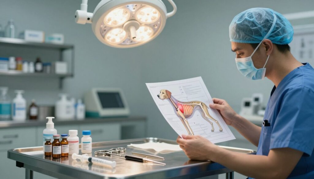 A medical scene depicting surgical and pharmacological treatment methods for canine bone cancer. In the foreground, a skilled veterinarian in professional attire examines a detailed diagram of a dog’s skeletal system, with highlighted areas showing affected bones. The middle ground features an array of surgical instruments neatly arranged on a stainless steel table, alongside medication vials and syringes, illustrating pharmacological options. In the background, a softly lit veterinary clinic, with surgical lights casting a warm glow, and shelves lined with medical supplies. The atmosphere is focused and clinical, emphasizing professionalism and expertise in veterinary care. Use soft lighting to create a serene mood, with a shallow depth of field to keep the veterinarian and instruments sharply in focus while slightly blurring the clinic.
