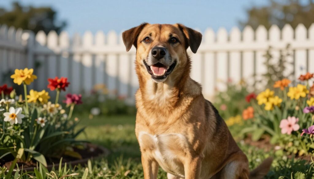 A medium-sized dog, known for its longevity, sits in a sunlit garden, surrounded by vibrant flowers and greenery. The dog, a mixed breed with a healthy and shiny coat, displays a joyful demeanor, showcasing its well-rounded, warm personality. In the background, a soft-focus of a white picket fence and a clear blue sky enhances the cheerful atmosphere. The lighting is warm and inviting, highlighting the dog’s features, and suggesting an early morning or late afternoon glow. The composition uses a slightly elevated angle to capture both the dog’s playful stance and the surrounding natural beauty, evoking feelings of happiness and tranquility, while emphasizing the theme of long-lived medium-sized dogs.