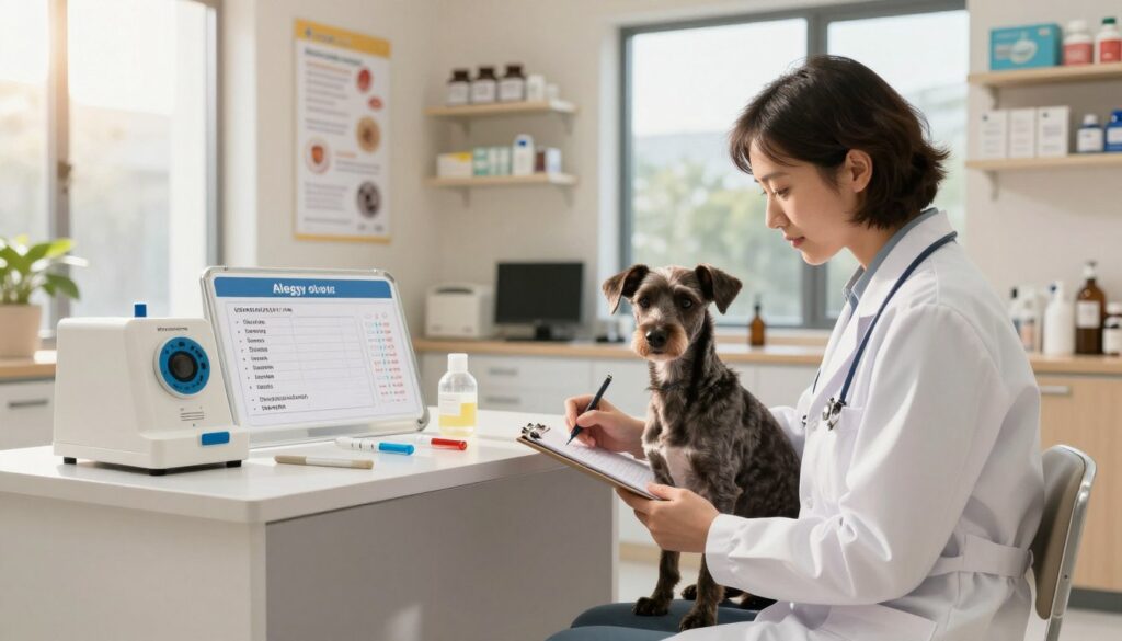 A modern veterinary clinic interior focused on allergy diagnostics for pets. In the foreground, a veterinarian in a white lab coat examines a hypoallergenic dog, taking notes on a clipboard. The dog has a shiny, sleek coat, appearing calm and gentle. In the middle, an allergy testing station is visible, featuring allergy testing tools and charts displaying common allergens. The background showcases shelves with medical supplies and educational posters about allergens and desensitization methods. The lighting is warm and inviting, with natural sunlight streaming through large windows, creating a professional yet approachable atmosphere. The overall mood conveys trust, professionalism, and care for both pets and their owners.