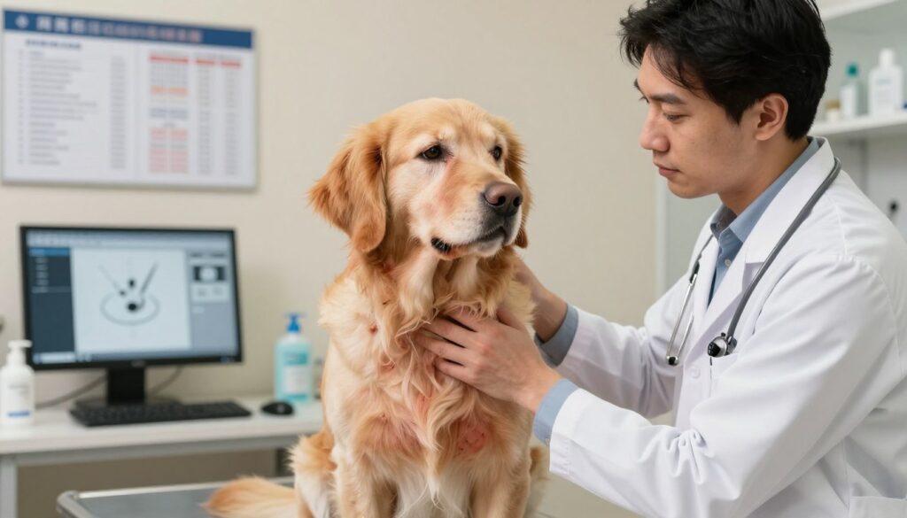 A modern veterinary clinic setting focused on diagnosing atopic dermatitis in dogs. In the foreground, a veterinarian in a white coat examines a golden retriever with a skeptical expression, highlighting redness and itching on its skin. The dog sits on an exam table, with a gentle but concerned look. In the middle background, pet health charts and a computer displaying diagnostic tools add context. A soft, warm light illuminates the scene, creating an inviting atmosphere. The angle captures both the dog and the veterinarian, emphasizing their interaction. Subtle elements like medical instruments and a dog shampoo bottle hint at the diagnostic process without overcrowding the image. The overall mood is professional yet caring, reflecting the importance of veterinary diagnostics.