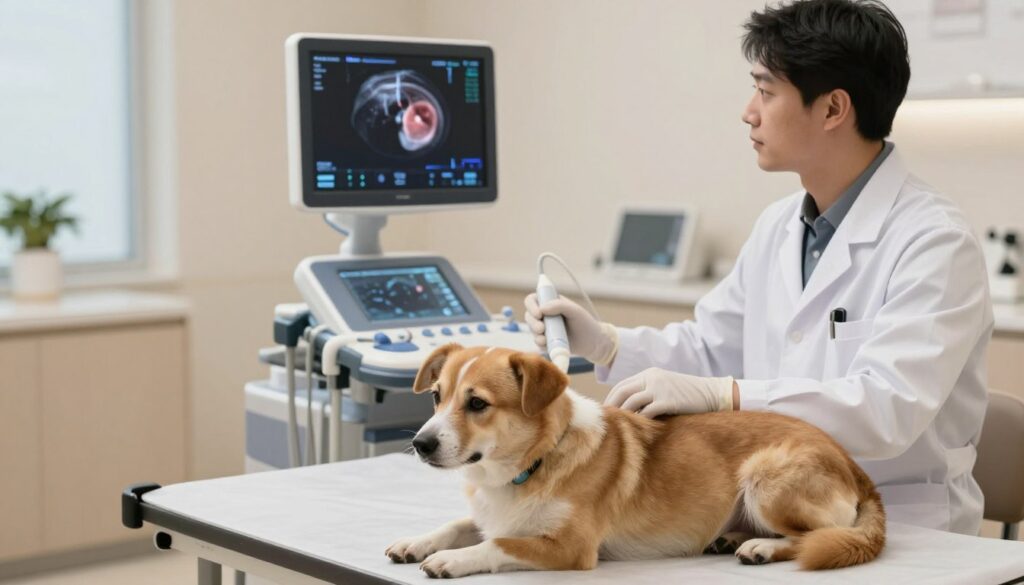 A professional veterinarian in a modern clinic, carefully examining a dog's kidneys using a portable ultrasound device. In the foreground, the dog lies on a comfortable examination table, looking calm and attentive. The veterinarian, dressed in a white lab coat and wearing gloves, holds the ultrasound probe, focused on the screen displaying renal images. In the middle, equipment like medical charts and monitoring tools are organized neatly, showcasing a professional environment. The background features soft, diffused lighting to create a warm and reassuring atmosphere, with neutral tones in the decor. The overall mood is one of care and professionalism, emphasizing the importance of veterinary diagnostics in kidney disease in dogs.
