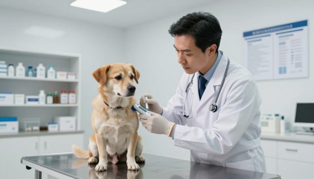 A professional veterinarian in a modern clinic, examining a concerned dog showing signs of distress, sitting on an examination table. The veterinarian, dressed in a white coat and wearing gloves, is closely assessing the dog's vital signs with a digital thermometer. The room is well-lit, with bright overhead lights reflecting on clean tiled surfaces. In the background, shelves filled with medical supplies and charts visible on the walls illustrate a sense of urgency and professionalism. The atmosphere is focused and empathetic, with the veterinarian's expression conveying attentiveness and care toward the dog. The angle is slightly from above, capturing both the veterinarian and the dog's expressions vividly. The overall mood is serious yet hopeful, highlighting the importance of veterinary diagnostics in identifying potential health issues. A professional veterinarian in a modern clinic, examining a concerned dog showing signs of distress, sitting on an examination table. The veterinarian, dressed in a white coat and wearing gloves, is closely assessing the dog's vital signs with a digital thermometer. The room is well-lit, with bright overhead lights reflecting on clean tiled surfaces. In the background, shelves filled with medical supplies and charts visible on the walls illustrate a sense of urgency and professionalism. The atmosphere is focused and empathetic, with the veterinarian's expression conveying attentiveness and care toward the dog. The angle is slightly from above, capturing both the veterinarian and the dog's expressions vividly. The overall mood is serious yet hopeful, highlighting the importance of veterinary diagnostics in identifying potential health issues.