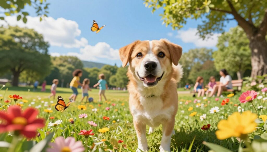A realistic depiction of a dog's perspective, showcasing a vibrant world as perceived through canine eyes. In the foreground, a friendly dog, with expressive eyes, stands on a grassy field, surrounded by colorful flowers and playful butterflies. The middle ground features a sunny park scene, with children playing, people interacting, and trees full of lush green leaves. The background includes a bright blue sky, scattered clouds, and distant hills. Use warm, natural lighting to evoke a cheerful atmosphere. Capture this scene from a low angle to emphasize the dog's viewpoint, simulating how a dog sees the world with a unique color palette, emphasizing shades of blue and yellow while downplaying reds and greens.
