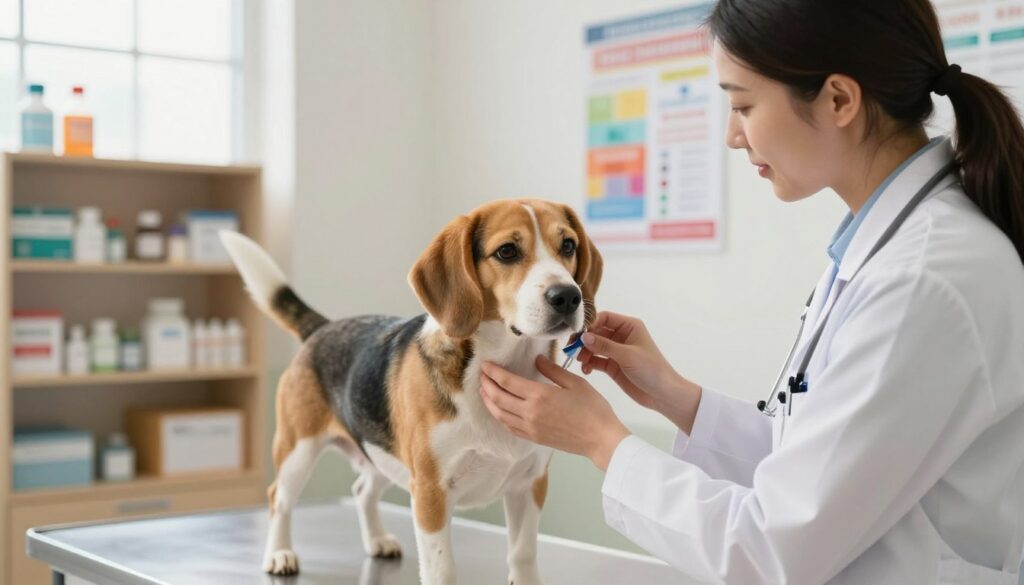 A realistic veterinary clinic setting, showcasing a veterinarian in professional attire administering a vaccination to a medium-sized dog, prominently positioned in the foreground. The dog, a Beagle, appears calm and curious, standing on an examination table with its owner gently reassuring it. In the middle ground, shelves filled with medical supplies and colorful vaccination posters illustrate the importance of pet healthcare. The background features a window with soft, natural light streaming in, creating a warm and inviting atmosphere. The scene conveys a sense of professionalism and care, emphasizing the significance of vaccinations as a protective measure against kennel cough. Capture the moment from a slightly elevated angle to provide a comprehensive view of the interaction.