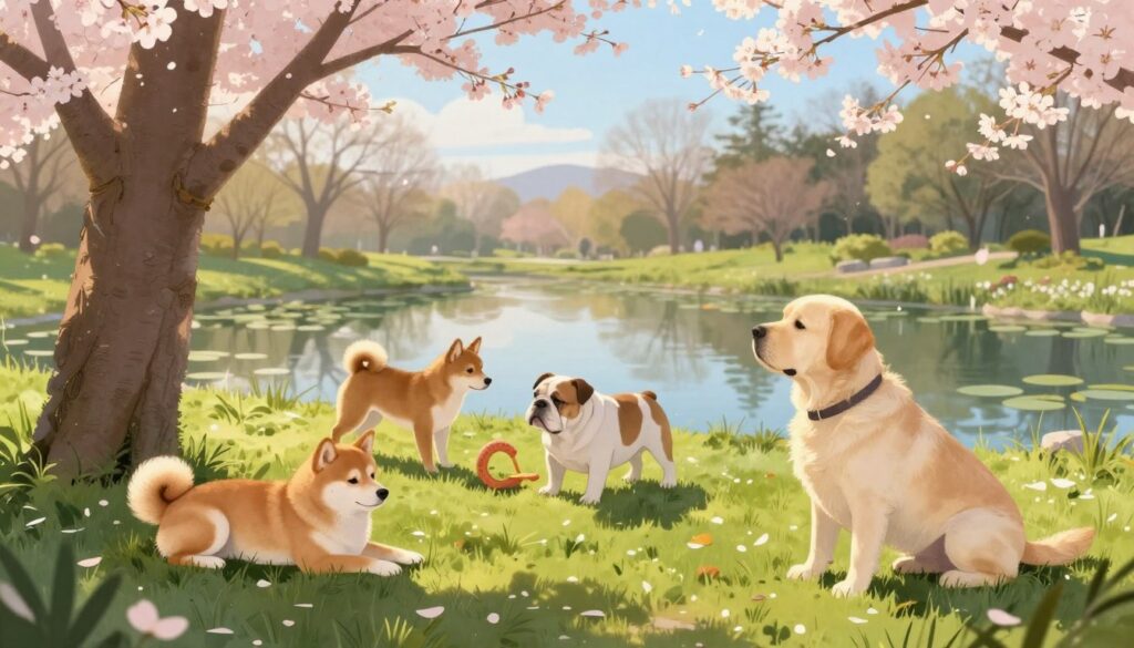 A serene and calming illustration showcasing several quiet dog breeds in a tranquil park setting. In the foreground, a relaxed Shiba Inu lies peacefully beside a gentle Labrador Retriever under a blooming cherry blossom tree, their fur softly illuminated by golden morning sunlight. In the middle ground, a quietly playful Basenji and a serene Bulldog are engaging in gentle play near a small pond with lilypads, reflecting the clear blue sky. The background features lush green grass and distant trees, creating a harmonious and peaceful atmosphere. The overall mood of the image is tranquil and inviting, capturing the essence of calmness associated with these breeds. The scene should be shot with a soft focus lens, bringing out the warmth of the sunlight while maintaining a natural look.