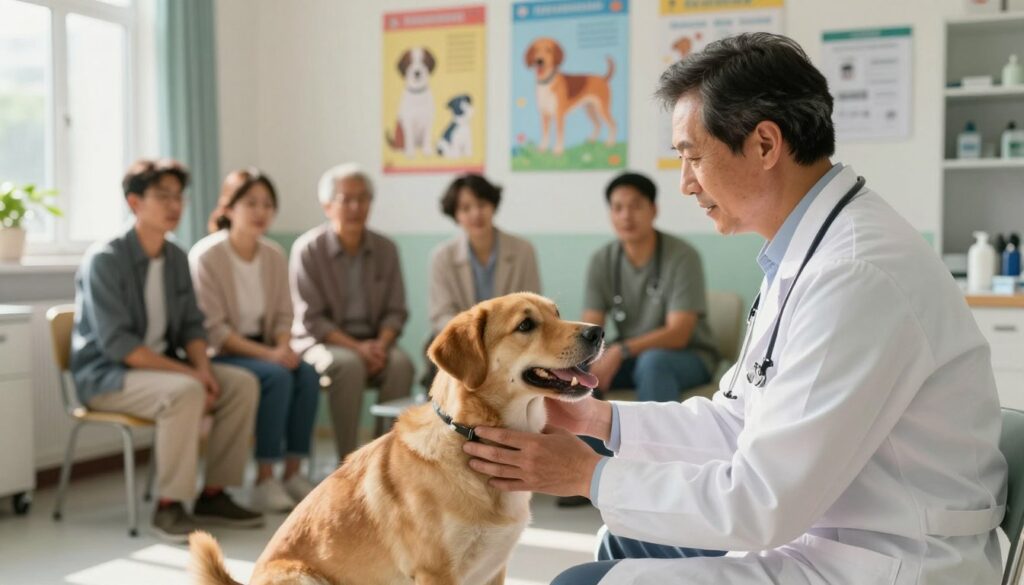A serene and informative scene showcasing a veterinarian discussing the optimal age for dog neutering. In the foreground, a compassionate veterinarian in a white coat examines a playful, medium-sized dog, highlighting the bond between them. The middle ground features an inviting veterinary clinic environment with colorful posters about dog development on the wall. Sunlight streams through the windows, creating a warm and welcoming atmosphere. The background displays a small group of pet owners, thoughtfully listening and engaging with the information. The lighting is soft and natural, accentuating the focus on the vet and the dog, while the angle is slightly from the side to capture the interactions clearly. The overall mood conveys professionalism, care, and a sense of community, emphasizing the importance of responsible pet ownership. A serene and informative scene showcasing a veterinarian discussing the optimal age for dog neutering. In the foreground, a compassionate veterinarian in a white coat examines a playful, medium-sized dog, highlighting the bond between them. The middle ground features an inviting veterinary clinic environment with colorful posters about dog development on the wall. Sunlight streams through the windows, creating a warm and welcoming atmosphere. The background displays a small group of pet owners, thoughtfully listening and engaging with the information. The lighting is soft and natural, accentuating the focus on the vet and the dog, while the angle is slightly from the side to capture the interactions clearly. The overall mood conveys professionalism, care, and a sense of community, emphasizing the importance of responsible pet ownership.