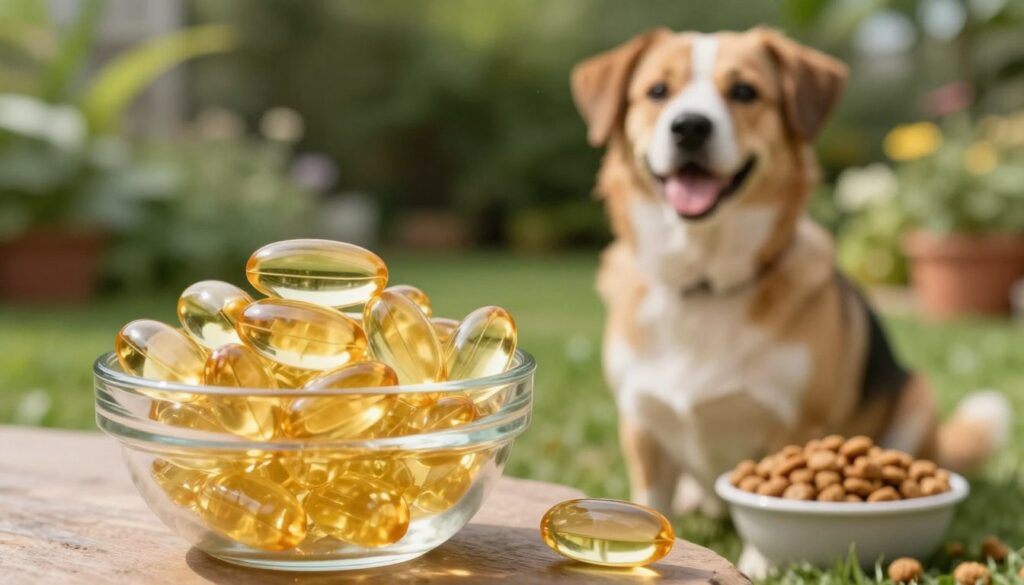 A serene and inviting scene depicting omega-3 fatty acids for dogs, featuring a clear glass bowl filled with golden fish oil capsules in the foreground. The capsules glisten under soft, natural lighting, highlighting their smooth texture. In the middle ground, a happy, healthy dog with a shiny coat sits gracefully, radiating well-being, while a small dish of kibble enriched with omega-3 can be seen beside it. In the background, a lush green garden setting symbolizes vitality and health. The atmosphere is warm and positive, evoking a sense of care and nourishment for pets. Capture this scene with a shallow depth of field to enhance the focus on the omega-3 capsules and the content dog, suggesting their role in skin barrier health and nutrition.