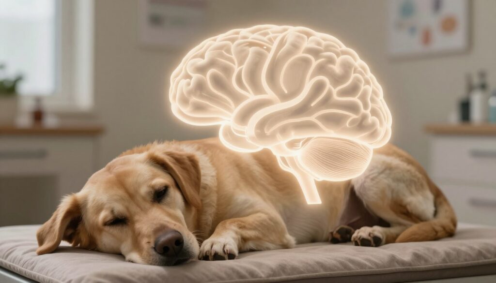 A serene and thoughtful image illustrating the effect of hormonal changes on a pet’s nervous system after neutering. In the foreground, a calm dog lies peacefully on a soft cushion, its expression relaxed and contemplative. In the middle ground, a faintly glowing silhouette of a dog's brain is depicted, showcasing neural pathways in a soft, translucent style, demonstrating the internal changes. In the background, a gentle, muted veterinary clinic scene provides context, with calming earthy tones to convey a peaceful atmosphere. Soft, diffused lighting casts a warm glow, enhancing the tranquil mood, while an overhead angle captures the pet and the subtle illustrations harmoniously. A serene and thoughtful image illustrating the effect of hormonal changes on a pet’s nervous system after neutering. In the foreground, a calm dog lies peacefully on a soft cushion, its expression relaxed and contemplative. In the middle ground, a faintly glowing silhouette of a dog's brain is depicted, showcasing neural pathways in a soft, translucent style, demonstrating the internal changes. In the background, a gentle, muted veterinary clinic scene provides context, with calming earthy tones to convey a peaceful atmosphere. Soft, diffused lighting casts a warm glow, enhancing the tranquil mood, while an overhead angle captures the pet and the subtle illustrations harmoniously.