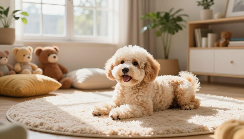 A serene, cozy living room setting featuring a fluffy dog resembling a plush teddy bear, positioned in the foreground, playfully lying on a soft, oversized rug. The dog's fur is a blend of cream and light brown tones, exuding warmth and cuteness. In the middle ground, a colorful array of stuffed toys and cushions enhances the inviting atmosphere. Warm, gentle sunlight filters through a large window, casting a soft glow over the scene, while subtle shadows add depth. In the background, houseplants and a well-organized shelf create a homely vibe. The overall mood is joyful and heartwarming, ideal for illustrating the phenomenon of dogs resembling plush toys.