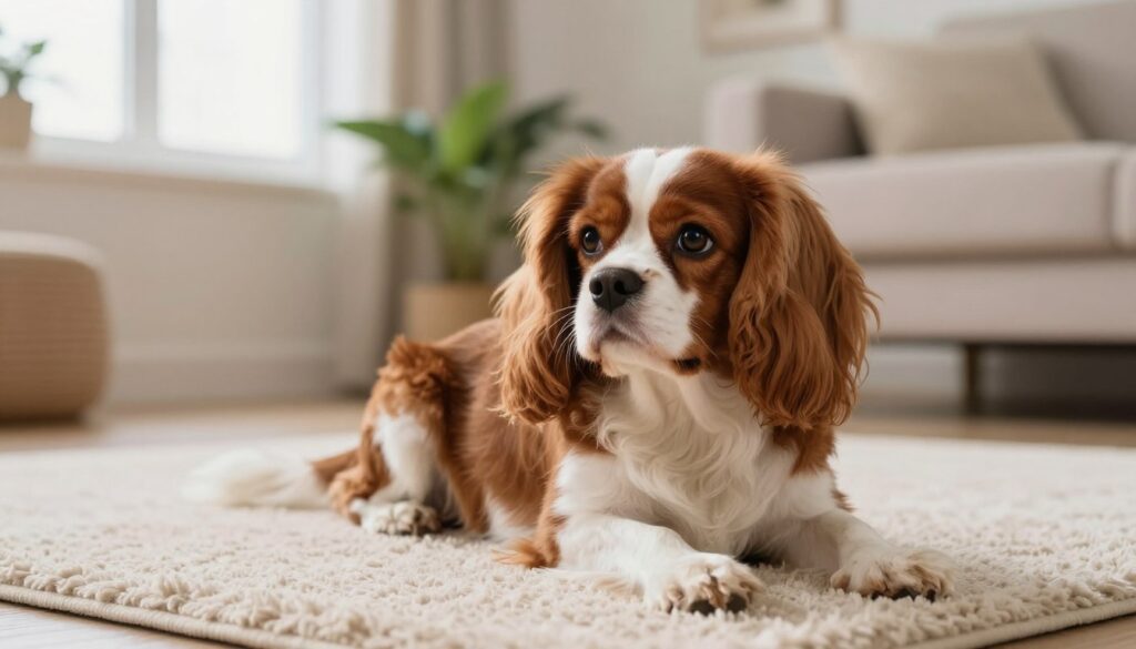 A serene indoor scene featuring a Cavalier King Charles Spaniel lying comfortably on a plush, soft rug. The dog has a glossy, silky coat with rich chestnut and white markings, displaying its affectionate and gentle nature. In the foreground, the focus is on the dog's expressive, warm eyes as it gazes contentedly, exuding calmness. The middle of the frame showcases a cozy living room setting with light-colored walls, a potted plant, and a bright window letting in soft, diffused natural light that creates a warm ambiance. In the background, a hint of tasteful decor adds to the tranquil atmosphere, enhancing the overall sense of peace and harmony within the space. The composition captures a peaceful mood, making the viewer feel relaxed and at ease.