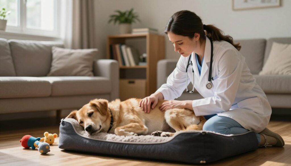 A serene indoor setting depicting a gentle, concerned veterinarian tending to a medium-sized dog, showcasing signs of phantom pregnancy. In the foreground, the veterinarian, dressed in professional attire, gently examines the dog's abdomen, showing a calm and reassuring demeanor. The dog is lying on a soft dog bed, looking relaxed yet slightly anxious, with a few toys scattered nearby. In the middle, a cozy living room atmosphere is created by soft, warm lighting that emanates from a nearby window, casting gentle shadows on the wooden floor. In the background, shelves with pet care books and plants subtly enhance the ambiance. The mood is empathetic and soothing, reflecting a nurturing approach to easing the pet's discomfort. A serene indoor setting depicting a gentle, concerned veterinarian tending to a medium-sized dog, showcasing signs of phantom pregnancy. In the foreground, the veterinarian, dressed in professional attire, gently examines the dog's abdomen, showing a calm and reassuring demeanor. The dog is lying on a soft dog bed, looking relaxed yet slightly anxious, with a few toys scattered nearby. In the middle, a cozy living room atmosphere is created by soft, warm lighting that emanates from a nearby window, casting gentle shadows on the wooden floor. In the background, shelves with pet care books and plants subtly enhance the ambiance. The mood is empathetic and soothing, reflecting a nurturing approach to easing the pet's discomfort.