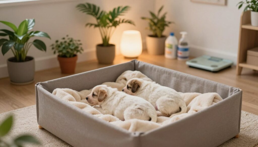 A serene indoor setting for dog birthing preparation. In the foreground, a cozy, clean whelping box filled with soft, warm blankets, ready for expectant puppies. Adjacent, nature-inspired decorations like potted plants and calming colors create a sense of safety and comfort. The middle ground features a gentle light source illuminating the space, enhancing the tranquil atmosphere. In the background, a quiet corner with a few supportive tools like puppy scales and nurturing supplies is visible, ensuring readiness for the arrival of puppies. The overall mood is calm and nurturing, suggesting a safe haven for the mother dog. The image is captured from a slightly elevated angle with soft focus to emphasize warmth and gentleness.