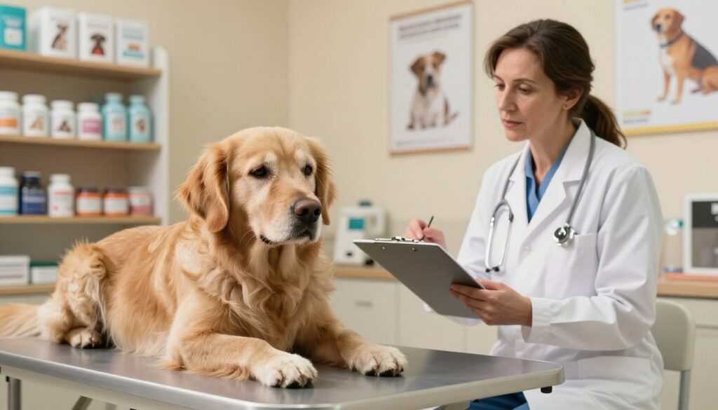 A serene indoor veterinary clinic scene featuring a concerned dog owner examining her dog, who is displaying symptoms of false pregnancy. In the foreground, the dog, a medium-sized golden retriever, lies on an examination table, looking slightly anxious with a gentle expression. The middle ground includes a veterinarian, a middle-aged woman in a white coat, who is kneeling beside the table, holding a clipboard and explaining the differences between false pregnancy and real pregnancy. In the background, shelves filled with pet care products and posters about animal health create an informative atmosphere. The lighting is warm and soft, casting a calming glow over the scene, while the focus is on the interaction between the dog and the veterinarian, symbolizing the concern and care surrounding the topic. A serene indoor veterinary clinic scene featuring a concerned dog owner examining her dog, who is displaying symptoms of false pregnancy. In the foreground, the dog, a medium-sized golden retriever, lies on an examination table, looking slightly anxious with a gentle expression. The middle ground includes a veterinarian, a middle-aged woman in a white coat, who is kneeling beside the table, holding a clipboard and explaining the differences between false pregnancy and real pregnancy. In the background, shelves filled with pet care products and posters about animal health create an informative atmosphere. The lighting is warm and soft, casting a calming glow over the scene, while the focus is on the interaction between the dog and the veterinarian, symbolizing the concern and care surrounding the topic.