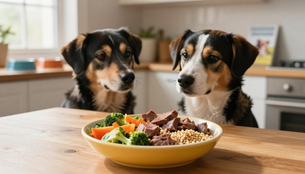 A serene kitchen setting with a focus on a healthy meal for dogs. In the foreground, a vibrant bowl filled with a colorful mix of dog-friendly vegetables, lean meats, and grains is placed on a wooden table. In the middle, a well-groomed dog is attentively looking at the bowl, exuding curiosity and eagerness. In the background, soft natural lighting filters through a window, illuminating the scene with a warm glow, while a few more bowls and a pet-friendly cookbook are visible on a shelf. The atmosphere is calm and nurturing, highlighting the importance of proper diet in managing a dog's health, particularly for those with diabetes. The angle is slightly above eye level, giving an engaging perspective on the interaction between the dog and its meal. A serene kitchen setting with a focus on a healthy meal for dogs. In the foreground, a vibrant bowl filled with a colorful mix of dog-friendly vegetables, lean meats, and grains is placed on a wooden table. In the middle, a well-groomed dog is attentively looking at the bowl, exuding curiosity and eagerness. In the background, soft natural lighting filters through a window, illuminating the scene with a warm glow, while a few more bowls and a pet-friendly cookbook are visible on a shelf. The atmosphere is calm and nurturing, highlighting the importance of proper diet in managing a dog's health, particularly for those with diabetes. The angle is slightly above eye level, giving an engaging perspective on the interaction between the dog and its meal.