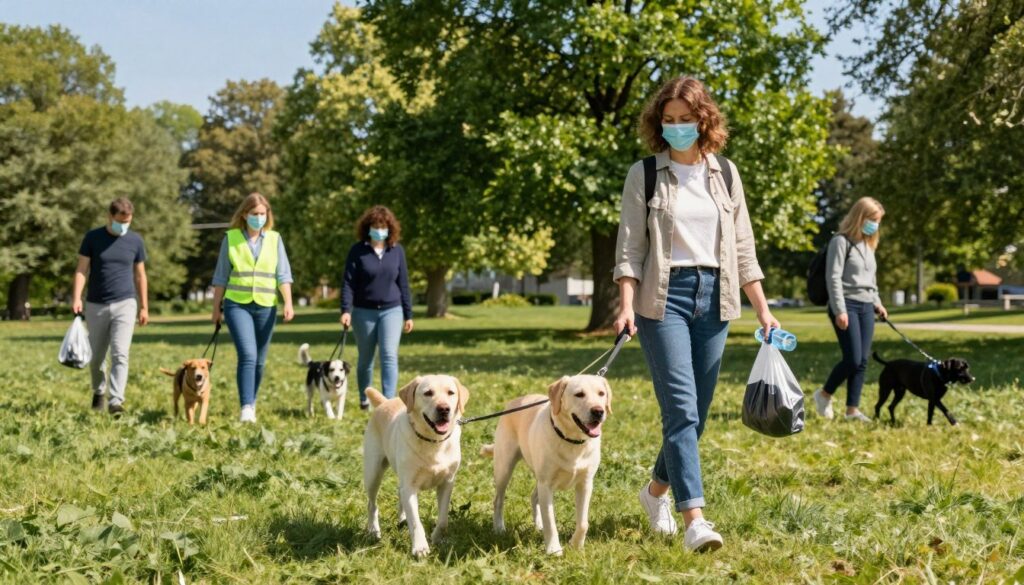 A serene park environment on a sunny day, featuring a responsible dog owner walking a dog of medium size on a leash. In the foreground, the owner, dressed in casual yet modest outdoor wear, holds a waste bag and a water bottle, emphasizing hygiene and safety. The dog, a Labrador Retriever, appears happy and well-groomed. In the middle ground, other pet owners are seen practicing social distancing while walking their dogs, some having safety gear like reflective vests. The background showcases lush green trees and a clear blue sky, creating a tranquil atmosphere. Soft, natural lighting enhances the inviting mood, with the sun casting gentle shadows. The overall image conveys a sense of safety, responsibility, and respect for public spaces during dog walks.