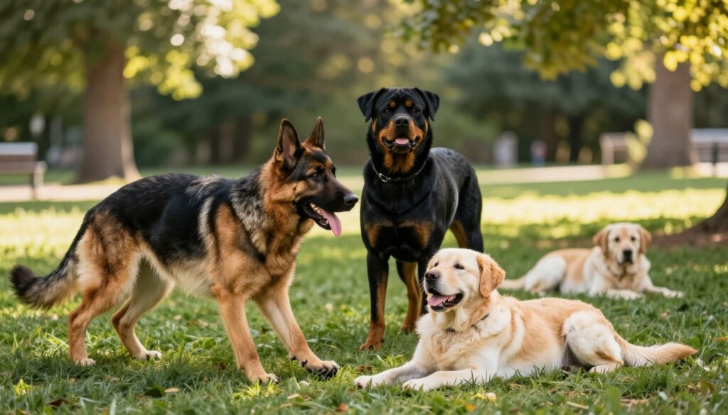 A serene park setting showcasing medium and large dog breeds known for their exceptional resilience. In the foreground, a powerful German Shepherd and a sturdy Labrador Retriever play together, conveying vitality and strength. In the middle ground, a confident Rottweiler stands alert, while a relaxed Golden Retriever lies peacefully on the grass. The background features lush greenery, dappled sunlight filtering through leaves, creating a warm and inviting atmosphere. Soft shadows play on the ground, enhancing the scene's depth. The image captures a joyful and healthy essence of these dogs, emphasizing their robust physique and spirited camaraderie. The overall mood is uplifting and inspiring, fostering a sense of well-being and strength among these breeds.