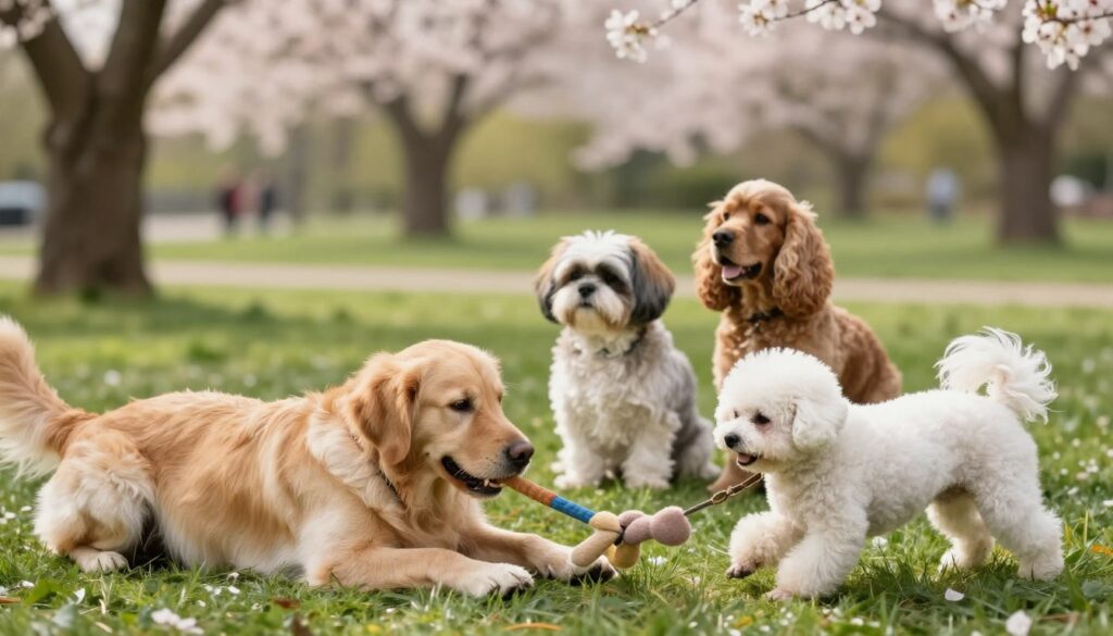 A serene scene depicting various dog breeds communicating without barking, showcasing their alternative forms of interaction. In the foreground, a gentle Golden Retriever and a calm Bichon Frise are playfully engaged in a silent game of tug-of-war with a soft toy. In the middle ground, a Shih Tzu sits peacefully beside a Cocker Spaniel, both exchanging expressive looks and wagging tails, emphasizing their non-verbal communication. The background features a tranquil park setting with lush green grass and blossoming flowers under soft, natural sunlight. The atmosphere is calm and harmonious, conveying a sense of peace and understanding among the dogs. Capture the moment with a shallow depth of field to focus on the dogs, using a warm color palette to enhance the mood of companionship and tranquility.