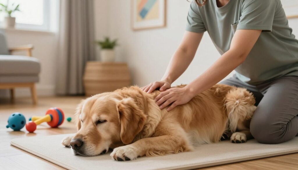A serene therapy session featuring a gentle dog receiving sensory integration massage. In the foreground, a skilled dog therapist, in casual professional attire, carefully performs massage techniques on the dog's back, showcasing a deep connection and calming interaction. The dog, a Golden Retriever, looks relaxed and content, eyes closed, surrounded by soft, soothing colors that convey tranquility. In the middle ground, various sensory toys and tools are subtly arranged, highlighting the interactive aspect of sensory integration therapy. The background features a cozy, softly lit room with warm wooden tones and calming art, framing the scene with a peaceful atmosphere. Soft natural light filters through a window, enhancing the sense of calm and support in the therapy environment.