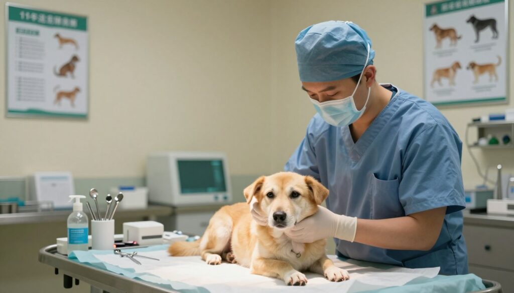 A serene veterinary clinic scene featuring a calm dog undergoing a neutering procedure. In the foreground, a veterinarian dressed in scrubs gently holds the dog's head, reassuring it as the surgical process takes place on an operating table. The middle section showcases well-organized surgical tools and sterile equipment, creating an atmosphere of professionalism and care. In the background, soft, warm lighting casts a comforting glow over the room, with medical charts and educational posters about pet health on the walls. The overall mood is focused and nurturing, emphasizing the importance of neutering in preventing health issues for dogs. The camera angle is slightly elevated, capturing both the veterinarian's attentiveness and the dog's trustful demeanor. The image conveys a sense of hope and proactive veterinary care.