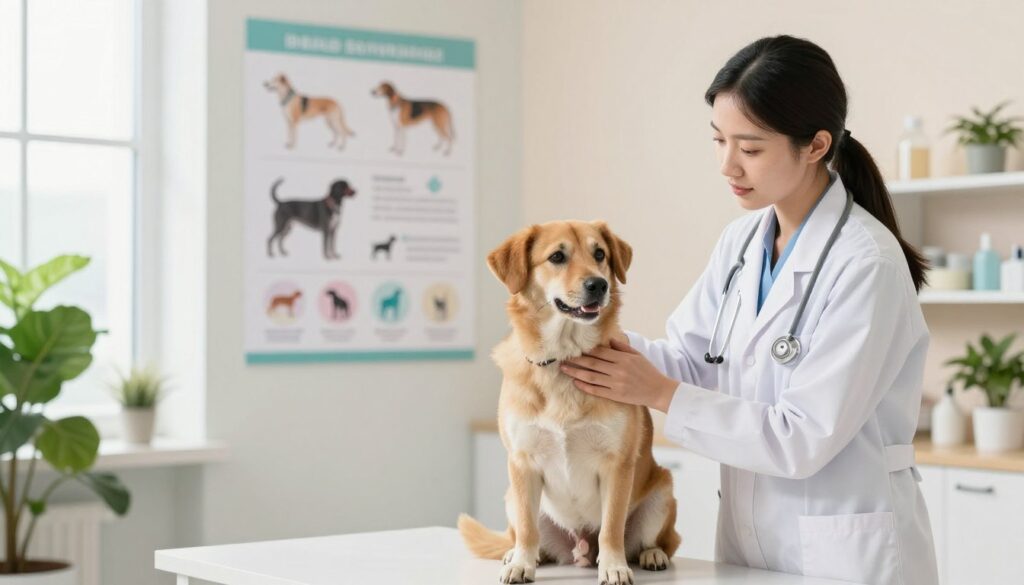 A serene veterinary clinic setting, emphasizing the impact of neutering on a dog's health and behavior. In the foreground, a calm and well-groomed medium-sized dog sits beside a veterinarian in a white coat, gently examining the dog. The middle layer features informational charts and images depicting healthy dog behaviors, with subtle icons representing hormonal changes. The background showcases a well-lit clinic with green plants and soft pastel colors, creating a welcoming atmosphere. Natural light filters through large windows, enhancing the sense of cleanliness and care. The overall mood is informative and reassuring, aimed at educating pet owners about the health benefits of neutering.