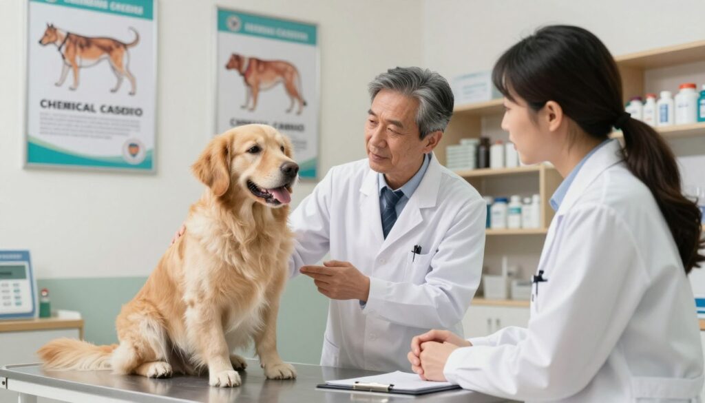 A serene veterinary clinic setting, focusing on a veterinarian guiding a dog through a chemical castration consultation. In the foreground, the doctor, a middle-aged professional in a white coat, is calmly discussing with a concerned pet owner, dressed in casual yet neat attire. The dog, a friendly golden retriever, sits comfortably on an examination table, looking relaxed. In the middle, bright and welcoming lighting illuminates the scene, highlighting medical posters about chemical castration on the walls. In the background, shelves filled with veterinary supplies and a soft, warm ambiance create a sense of reassurance. The mood is informative yet compassionate, emphasizing the thoughtful approach of chemical alternatives to surgical procedures.