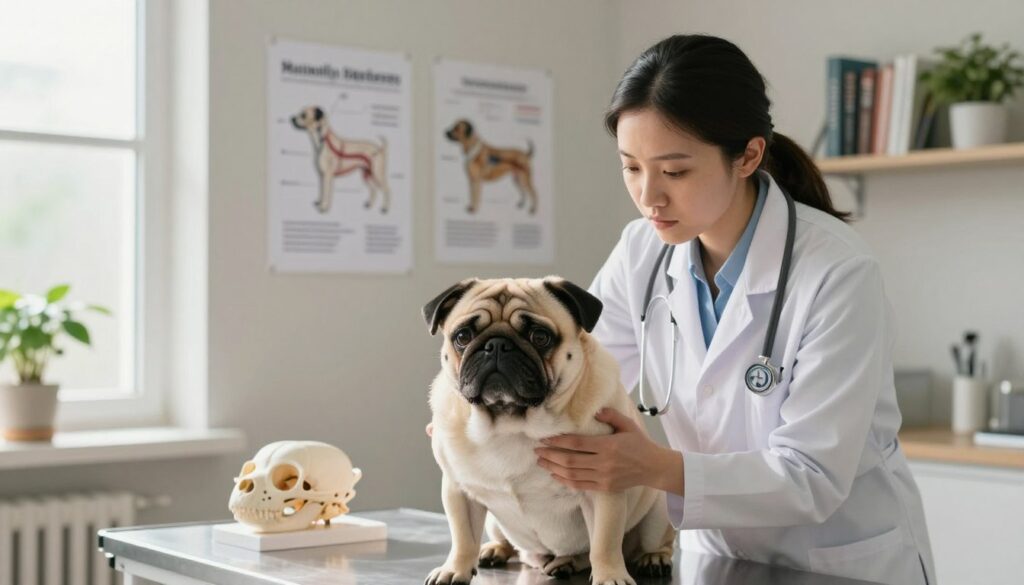 A serene veterinary examination room with soft natural light filtering through a window. In the foreground, a concerned veterinarian gently examines a flat-faced dog, highlighting breeds like Bulldogs and Pugs, known to be prone to congenital hydrocephalus. The dog has a slightly larger head with distinctive features, showcasing its condition. In the middle ground, there are charts and models of canine skulls on the walls, representing neurological structures. The background shows a calm, inviting atmosphere with potted plants and a shelf of dog care books. The mood is professional yet warm, emphasizing compassion for the animals and awareness of congenital issues. The composition should evoke empathy and concern for affected breeds without any textual elements.