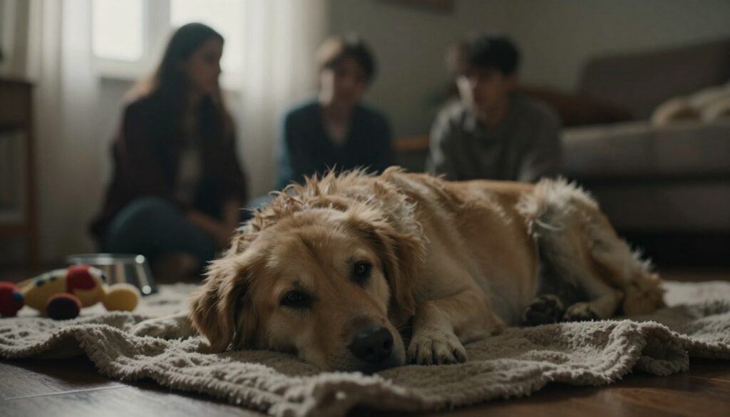 A somber scene depicting the physical signs of a dog nearing the end of its life. In the foreground, a majestic but weary dog lies on a soft, worn blanket, its fur slightly matted, and eyes reflecting fatigue and resignation. Its breathing appears shallow, and there's a gentle shiver of vulnerability in its posture. The middle ground features a dimly lit room bathed in soft, muted tones, with faint sunlight filtering through sheer curtains, enhancing the tranquil yet melancholic atmosphere. Scattered around are familiar toys and a water bowl, symbolizing comfort and cherished memories. In the background, blurred silhouettes of family members can be seen, softly observing the scene with an air of love and sadness, their faces reflecting an understanding of this bittersweet moment. The photo is taken with a shallow depth of field, creating a warm, intimate feel.