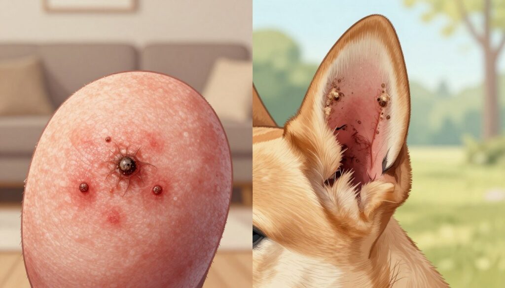 A split illustration showcasing the differences between skin scabies and ear scabies in dogs. On the left, a close-up of a dog’s skin with visible scabs, red patches, and itching signs. The fur should be short, highlighting the affected areas. The texture of the skin is rough and irritated, surrounded by a backdrop of a blurred living room, suggesting a home environment. On the right, a detailed view of a dog’s ear with scabies, showing inflammation, clumping fur, and discharge. The background shifts to a serene outdoor setting with soft, diffused daylight coming from the right, casting gentle shadows, enhancing the contrast between the two conditions. The overall mood is informative yet gentle, focusing on the distinction without promoting fear.