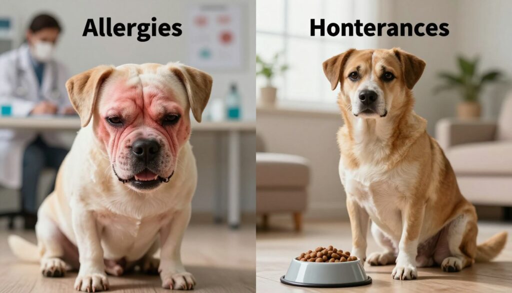 A split image illustrating the differences between food allergies and intolerances in dogs. On the left, a dog with visible skin irritations, scratching itself, displaying allergic reactions such as red patches and rashes. The background features a veterinarian's office with soft, warm lighting highlighting the dog's discomfort. On the right, a dog sitting calmly, looking alert and healthy, with a bowl of food and subtle signs of digestive issues depicted, such as a gentle stomach outline. The background suggests a home environment, with natural light pouring in through a window. The overall mood contrasts anxiety and distress with calmness and wellbeing, effectively visualizing the differences between allergies and intolerances in dogs.
