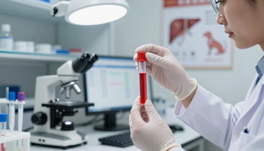 A sterile veterinary laboratory setting, with a close-up view of a veterinarian in a white lab coat analyzing a blood sample under bright overhead lighting. The foreground features a clear glass test tube filled with a vibrant red blood sample held delicately by a gloved hand. In the middle, a well-organized workspace with laboratory equipment like a microscope, pipettes, and a computer displaying blood test results. The background subtly includes posters of canine anatomy and infographics on liver health. The atmosphere is professional yet compassionate, emphasizing the importance of blood tests in assessing pet health. The lens focuses sharply on the test tube, creating a soft bokeh effect in the background to highlight the subject.