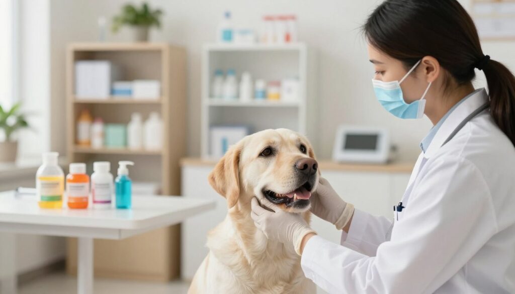 A veterinarian administering a vaccination to a medium-sized dog in a well-lit clinic. In the foreground, the focused vet, wearing a white coat and gloves, gently holds the dog's head, ensuring comfort and safety during the vaccination process. The dog, a friendly-looking Labrador, gazes up at the vet with trust. In the middle ground, a clean examination table is visible with colorful pet care supplies organized neatly, conveying professionalism. The background features soft-focus shelves stocked with medical supplies, plant accents providing a calming atmosphere. The overall lighting is bright and warm, highlighting the caring interaction. The atmosphere is one of safety and responsibility, emphasizing the importance of vaccinations in pet health.