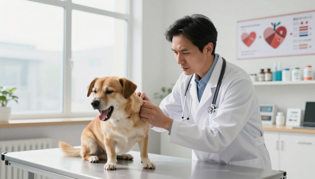 A veterinarian attentively examining a dog showing symptoms of heart failure, such as coughing or rapid fatigue. The setting is a modern veterinary clinic with bright, natural light streaming through large windows. In the foreground, the vet, dressed in a professional white coat, kneels beside a medium-sized dog on an examination table, displaying concern and care. The dog's breathing appears labored, illustrating its condition. In the background, shelves filled with medical supplies and heart-shaped diagrams showcasing various treatment methods like medication and lifestyle changes. The atmosphere is somber yet hopeful, emphasizing the importance of treatment and the bond between the vet and the patient. The angle captures the vet's focused expression and the dog's vulnerable state, creating an emotional connection.