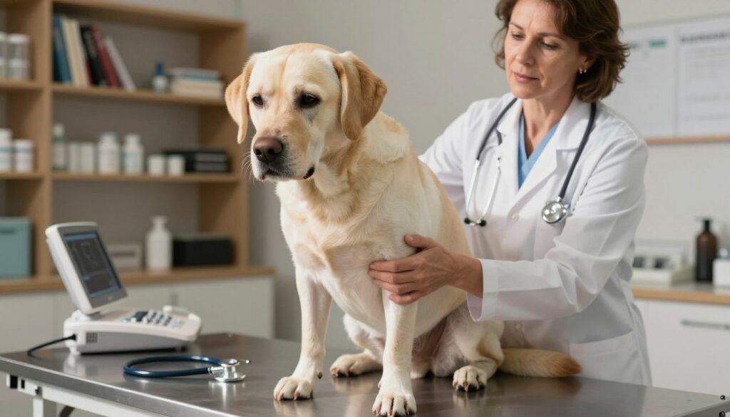 A veterinarian gently examines a dog's leg to assess a muscle injury in a well-lit clinic. In the foreground, the dog, a Labrador Retriever, shows signs of discomfort, with its leg raised slightly and a worried look in its eyes. The veterinarian, a middle-aged Caucasian woman in a white lab coat, has her focused gaze on the dog's leg, showcasing a caring demeanor. In the middle, the veterinary examination table is adorned with various medical tools, such as a stethoscope and an ultrasound device. The background features a shelf filled with medical books and supplies, creating a professional atmosphere. The warm lighting casts soft shadows, enhancing the mood of urgency and compassion for the animal. The image should evoke a sense of care and professionalism in treating muscle injuries.
