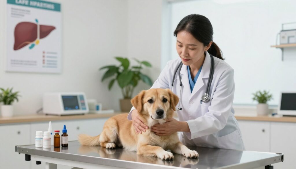 A veterinarian in a modern clinic, focused on treating a dog with liver issues. In the foreground, the vet, a middle-aged woman in professional attire, gently examines the dog, which lies on a medical examination table. The dog appears anxious but is being comforted by the vet. The middle ground features various medical tools and equipment, including vials of medication and an educational poster about liver health on the wall. The background shows a bright, well-lit clinic environment with green plants to create a calming atmosphere. The lighting is soft and warm, enhancing the sense of care and professionalism in the setting. The overall mood conveys hope and support in medical treatment for animals.