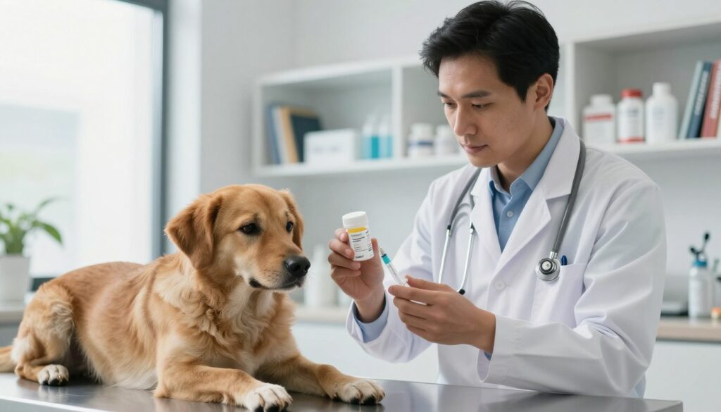 A veterinarian in a modern clinic setting, carefully examining a medium-sized dog, representing the theme of pharmacological treatment for epilepsy in pets. The vet, dressed in professional attire with a white lab coat, is holding a prescription bottle and a syringe, illustrating the examination process. In the foreground, the dog lies on an examination table, appearing calm but attentive, while the vet focuses intently on the task at hand. In the background, shelves filled with medical supplies and books on veterinary medicine are visible, softly illuminated by bright, natural light pouring in from a nearby window. The overall mood is professional and reassuring, emphasizing the importance of medical care and the compassion involved in animal treatment. The angle captures a close-up view of the interaction, highlighting the bond between the vet and the pet.