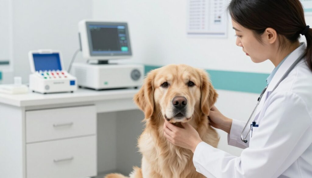 A veterinarian in a modern clinic setting conducts a diagnostics session for a dog, focused on allergy testing. The foreground features the vet, a woman in a white coat with a stethoscope, gently examining the dog, which is a golden retriever with a concerned expression. In the middle background, medical equipment like allergy testing kits and charts are visible, adding a sense of professionalism. The lighting is bright and clinical, emphasizing cleanliness, and the scene is captured at eye level to engage viewers. The atmosphere is serious yet compassionate, highlighting the vet's dedication to identifying potential allergies in pets. The setting is well-organized and reflects a typical day in a vet clinic without distractions.