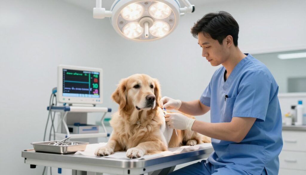 A veterinarian preparing a dog for surgery in a clean, well-lit clinic. In the foreground, a gentle and professional veterinarian in scrubs, kneeling beside a calm dog on the examination table, is placing an IV catheter. The dog, a medium-sized golden retriever, appears relaxed with a comforting blanket around it. In the middle ground, surgical tools neatly arranged on a sterile tray, and a digital monitor displaying vital signs. In the background, bright overhead surgical lights illuminate the space. The atmosphere is calm and reassuring, conveying trust and care in a veterinary setting. The overall color palette is soft, featuring whites and blues, enhancing the sense of cleanliness and professionalism.