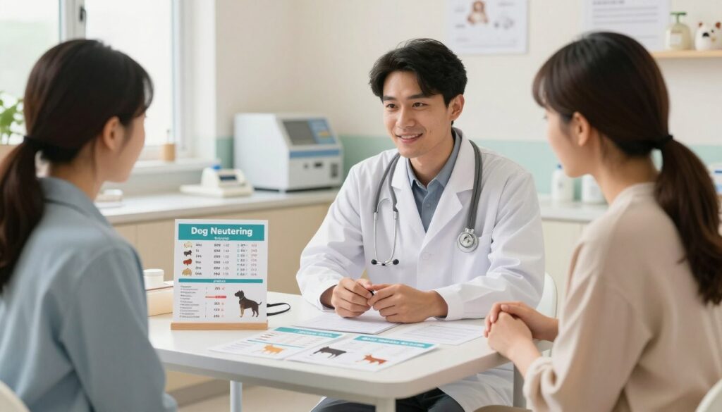 A veterinary clinic environment showcasing a compassionate and professional scene focused on the costs of dog neutering, emphasizing price tags based on size and age. In the foreground, a friendly veterinarian in a clean, white lab coat is discussing with a concerned pet owner, both depicted in modest casual clothing. The middle ground features a small table filled with various brochures and price charts clearly illustrating the different costs associated with the procedure, including graphic representations of small, medium, and large breeds. The background reveals a well-lit clinic with pastel colors, medical equipment neatly organized, and a calm atmosphere, emphasizing trust and care. Soft, natural lighting filters through a window, creating a gentle and reassuring mood.