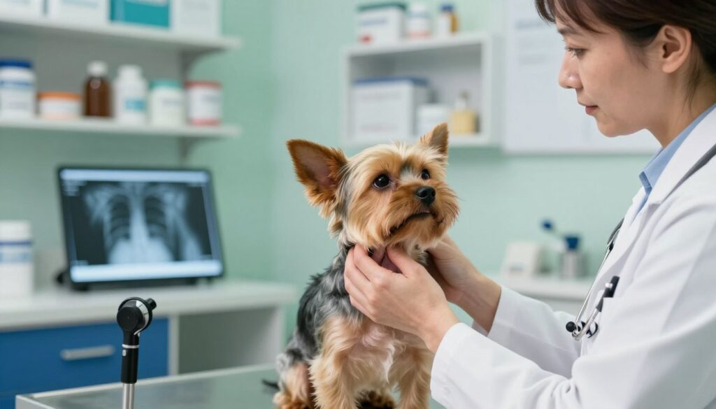 A veterinary clinic examination room, focusing on a veterinarian examining a dog with tracheal collapse. In the foreground, the veterinarian, a middle-aged woman in a white coat, gently holds the dog's head, looking intently at its throat to assess breathing. The dog is a small breed, such as a Yorkshire Terrier, with a concerned expression. In the middle ground, diagnostic tools like an otoscope and X-ray images on a lightbox hint at the diagnostic process. The background features shelves stocked with veterinary supplies and a calming green and blue color scheme, giving a sense of professionalism and care. Soft, natural lighting illuminates the space, creating a warm and reassuring atmosphere that conveys urgency yet hope in diagnosing the respiratory issues. A veterinary clinic examination room, focusing on a veterinarian examining a dog with tracheal collapse. In the foreground, the veterinarian, a middle-aged woman in a white coat, gently holds the dog's head, looking intently at its throat to assess breathing. The dog is a small breed, such as a Yorkshire Terrier, with a concerned expression. In the middle ground, diagnostic tools like an otoscope and X-ray images on a lightbox hint at the diagnostic process. The background features shelves stocked with veterinary supplies and a calming green and blue color scheme, giving a sense of professionalism and care. Soft, natural lighting illuminates the space, creating a warm and reassuring atmosphere that conveys urgency yet hope in diagnosing the respiratory issues.