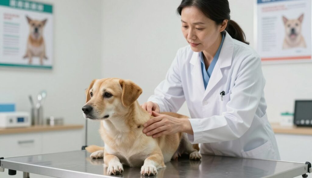 A veterinary clinic examination room, showcasing a small, soft lump under the skin of a dog being examined by a veterinarian in a professional white coat. The veterinarian, a middle-aged woman, is carefully feeling the dog's skin, showing a focused, compassionate expression. The dog is a medium-sized breed, with a gentle demeanor, laying calmly on the examination table. In the background, medical tools and posters about pet health are visible, with soft, natural lighting illuminating the scene. A slight bokeh effect is applied to emphasize the foreground interaction. The atmosphere is calm and professional, conveying a sense of trust in veterinary care.