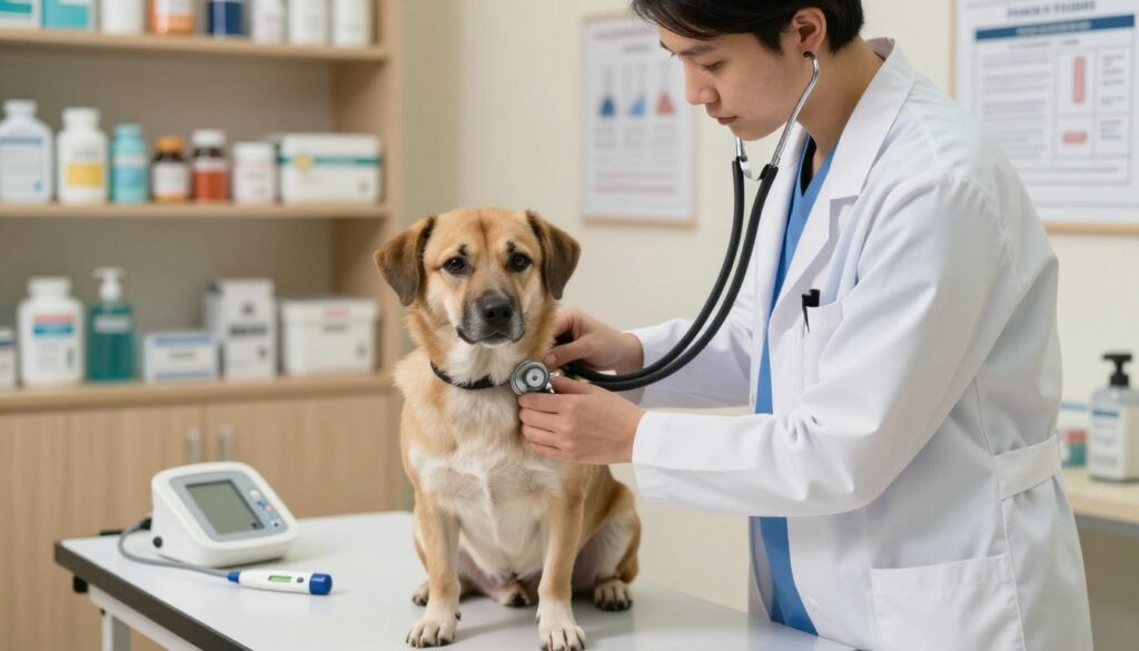 A veterinary clinic interior, featuring a focused veterinarian examining a medium-sized dog on an examination table. The foreground displays the veterinarian, dressed in a white coat and blue scrubs, using a stethoscope to check the dog's heartbeat, showcasing professionalism and care. The middle ground includes veterinary tools like a digital thermometer and a blood pressure monitor, emphasizing the diagnostic process. In the background, shelves stocked with medical supplies and charts create a clinical atmosphere. Soft, warm lighting enhances the sense of comfort and trust. The overall mood is serious yet compassionate, illustrating the vital role of veterinary diagnostics in assessing a dog’s health and ruling out physical conditions.