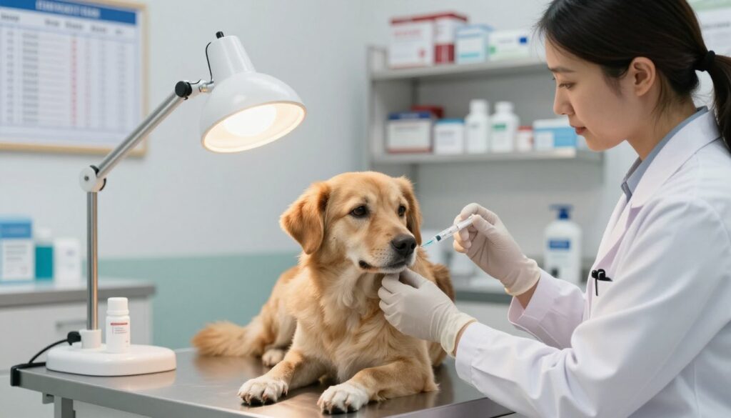 A veterinary clinic scene focused on a female dog undergoing a blood test. In the foreground, the attentive veterinarian, dressed in a professional lab coat and gloves, skillfully handles a syringe with a gentle approach, ensuring the dog's comfort. The middle ground features the dog, a medium-sized breed with a calm demeanor, resting on a veterinary examination table, surrounded by medical equipment and a small glowing lamp that casts a warm light. In the background, shelves filled with medical supplies and charts displaying blood test results create an informative atmosphere. The overall mood is professional and caring, emphasizing the importance of veterinary diagnostics and treatment processes. The lighting is soft yet bright, highlighting the details of the veterinary environment.