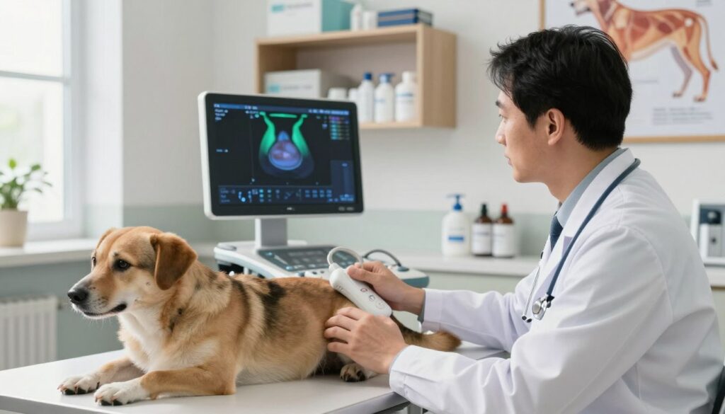 A veterinary clinic scene focused on thyroid diagnostics for dogs. In the foreground, a veterinarian wearing a white coat and a stethoscope examines a medium-sized dog on an examination table, using a handheld ultrasound device. In the middle, a display monitor shows green and blue imaging of a dog's thyroid gland. The background features shelves filled with medical supplies and anatomical posters of canine anatomy. Bright, natural light streams in through a window, casting soft shadows and creating a calm, professional atmosphere. The overall mood is focused and informative, emphasizing the importance of laboratory diagnostics and imaging in veterinary care. The angle is slightly elevated, capturing the interaction between the vet and the dog along with the diagnostic equipment.