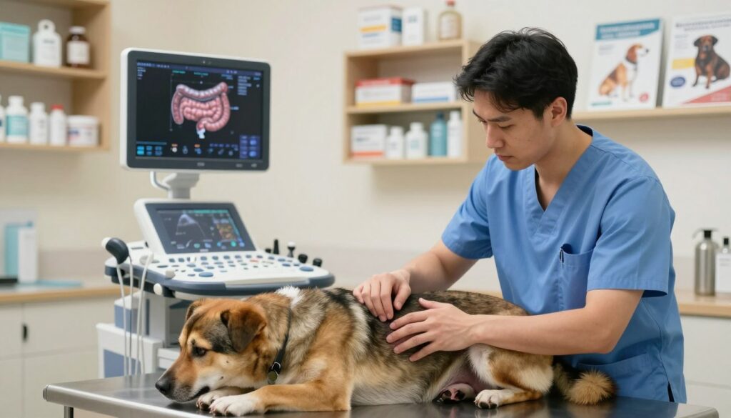 A veterinary examination room focused on the diagnostic process for a dog suspected of intestinal injury. In the foreground, a concerned veterinarian in scrubs performs a careful abdominal examination on a medium-sized dog, showcasing a tense but professional atmosphere. The middle of the scene features a diagnostic ultrasound machine with a monitor displaying intestinal images, highlighting the high-tech aspect of veterinary diagnostics. In the background, shelves filled with medical supplies and dog care brochures are softly lit, creating a warm yet serious ambiance. The overall lighting is bright but natural, conveying urgency and professionalism in the diagnostic process, with a slightly blurred effect in the background to emphasize focus on the examination.