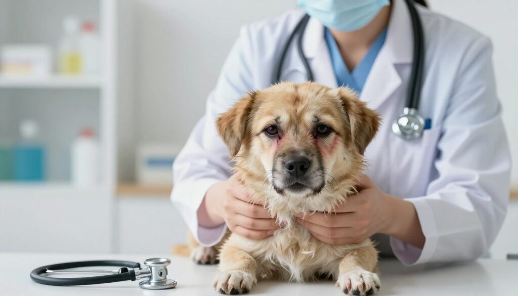 A veterinary scene depicting a concerned veterinarian examining a dog with signs of aspiration pneumonia. In the foreground, the veterinarian, dressed in a smart, professional outfit, is gently holding the dog, which appears slightly distressed, showcasing symptoms like labored breathing and a slightly elevated temperature. The dog's fur is fluffy and slightly matted, conveying an urgent health scenario. In the middle ground, medical equipment like a stethoscope and thermometer is visible, highlighting the urgency of the situation. The background is softly lit, creating a clinical yet compassionate atmosphere with shelves of medical supplies blurred out. The overall mood is serious and focused, emphasizing the critical nature of aspiration pneumonia as an emergency condition in pets. A veterinary scene depicting a concerned veterinarian examining a dog with signs of aspiration pneumonia. In the foreground, the veterinarian, dressed in a smart, professional outfit, is gently holding the dog, which appears slightly distressed, showcasing symptoms like labored breathing and a slightly elevated temperature. The dog's fur is fluffy and slightly matted, conveying an urgent health scenario. In the middle ground, medical equipment like a stethoscope and thermometer is visible, highlighting the urgency of the situation. The background is softly lit, creating a clinical yet compassionate atmosphere with shelves of medical supplies blurred out. The overall mood is serious and focused, emphasizing the critical nature of aspiration pneumonia as an emergency condition in pets.