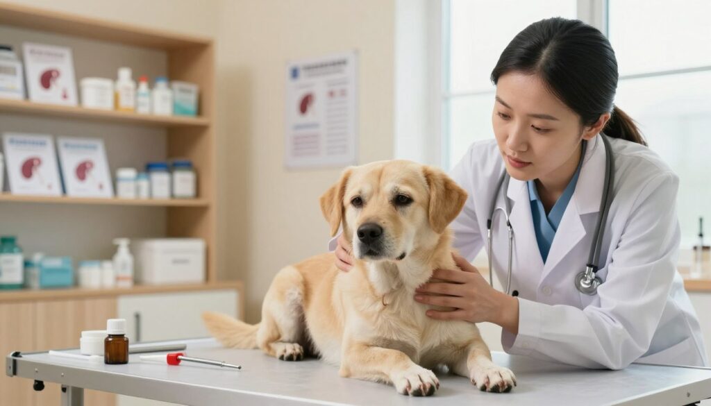 A veterinary setting focused on the treatment of a dog’s kidney condition. In the foreground, a concerned veterinarian gently examines a medium-sized dog lying on an examination table, surrounded by various medical tools. The dog, with a soft, worried expression, exhibits signs of kidney distress, such as a slight droopiness in posture. The middle ground features shelves with medical supplies and pamphlets about kidney health, creating an informative atmosphere. In the background, a warm and well-lit room, with soft, natural light coming through a window. The overall mood conveys compassion, care, and professionalism, emphasizing the importance of veterinary support in kidney treatment for dogs. The image is clear, well-composed, and captures the essence of canine healthcare.