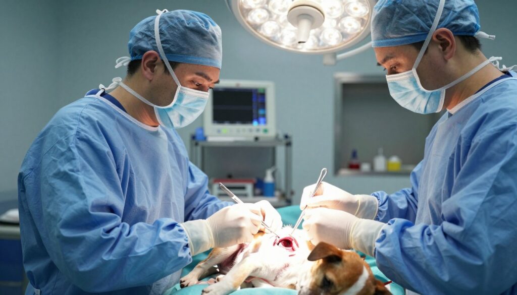 A veterinary surgery scene focusing on a hernia operation in a dog. In the foreground, a team of two veterinarians in scrubs and surgical masks, one holding surgical instruments, the other operating on a small dog anesthetized on the table. The dog's abdomen is partially open, highlighting the area affected by the hernia, while the team carefully works to repair it. The middle ground features surgical equipment and monitors, with a soft, sterile light illuminating the scene. In the background, a surgical lamp casts a clinical glow over the operating room, enhancing the atmosphere of professionalism and precision. The overall mood conveys a sense of care and seriousness in animal health, while ensuring a safe and sterile environment. A veterinary surgery scene focusing on a hernia operation in a dog. In the foreground, a team of two veterinarians in scrubs and surgical masks, one holding surgical instruments, the other operating on a small dog anesthetized on the table. The dog's abdomen is partially open, highlighting the area affected by the hernia, while the team carefully works to repair it. The middle ground features surgical equipment and monitors, with a soft, sterile light illuminating the scene. In the background, a surgical lamp casts a clinical glow over the operating room, enhancing the atmosphere of professionalism and precision. The overall mood conveys a sense of care and seriousness in animal health, while ensuring a safe and sterile environment.
